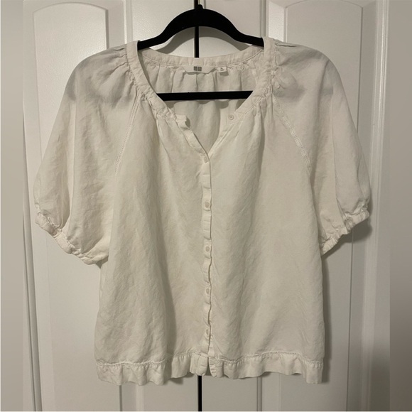UNIQLO Linen Blend Button Up Short Sleeve Sheer Top Size 10 - Picture 2 of 10